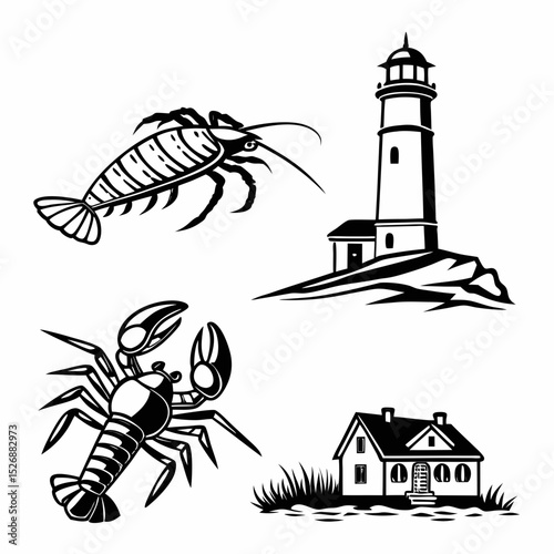 Coastal scene lobster lighthouse house black white illustration