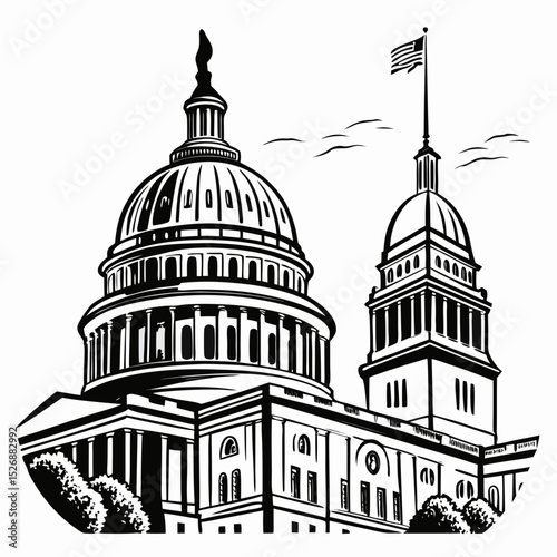 Capitol building black and white illustration american flag