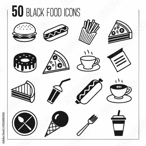 Fifty black and white fast food icons set