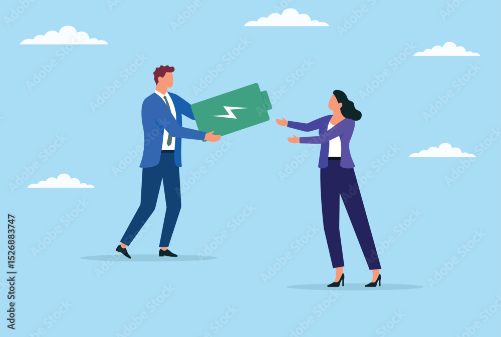 Obraz premium Vector illustration of a businessman giving a battery to his colleague, symbolizing energy transfer, support, empowerment, teamwork, and motivation in the workplace 