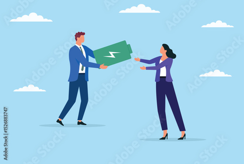 Vector illustration of a businessman giving a battery to his colleague, symbolizing energy transfer, support, empowerment, teamwork, and motivation in the workplace
