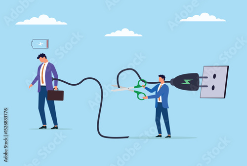 Vector illustration of a businessman cutting another businessman's charging cable with scissors, representing workplace sabotage, rivalry, or disruption of productivity
