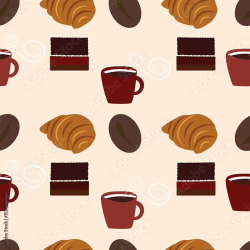 vector seamless pattern breakfast pastries and coffee beans
