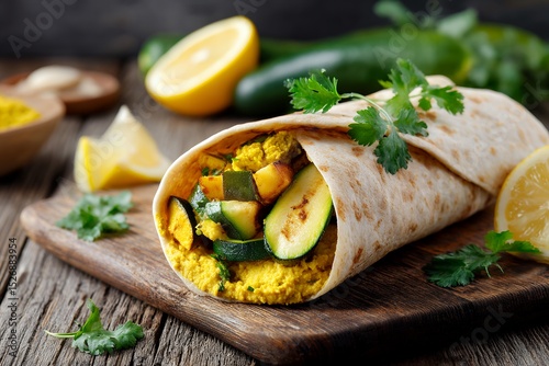 Delicious vegan wrap with zucchini and lemon garnish on rustic wooden board