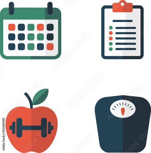 Diet and workout planner icons. Nutrition tracking, fitness goal calendar, apple check list, and muscle routine note  