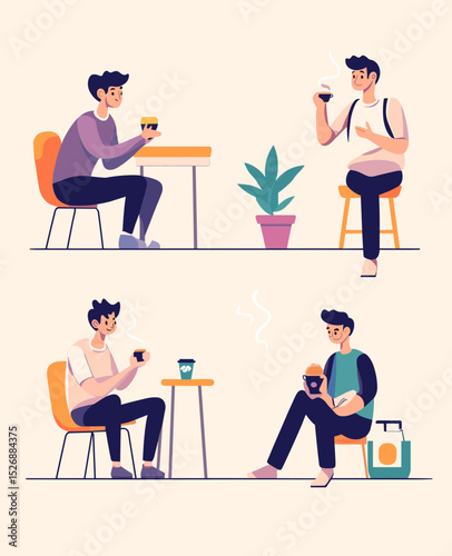 Cozy Coffee Moments: A collection of illustrations depicts individuals savoring moments of relaxation and enjoyment with their favorite hot beverage.