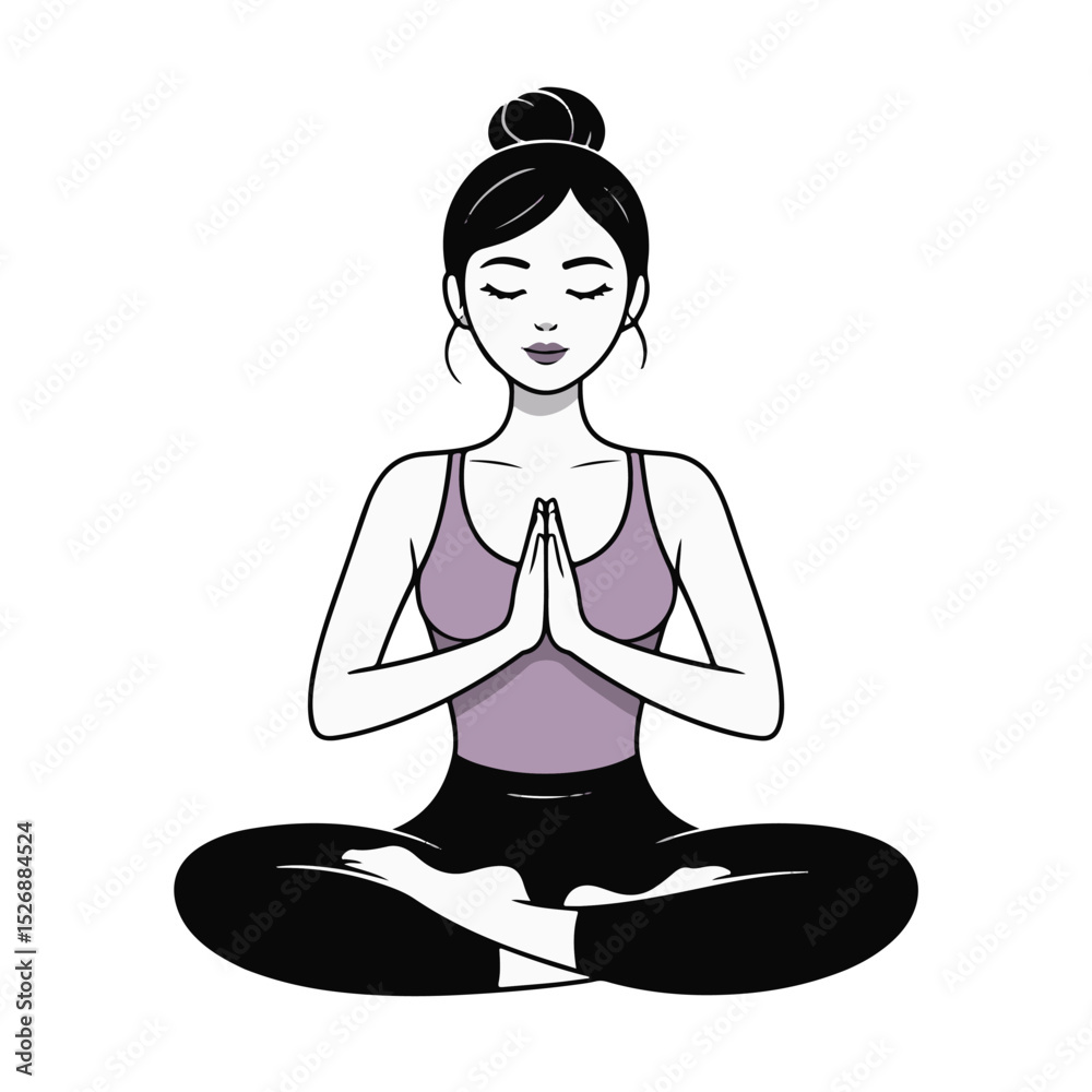 Young woman meditating in a lotus yoga pose, a vector illustration of health and relaxation Young woman meditating in a lotus yoga pose, a vector illustration of health and relaxation