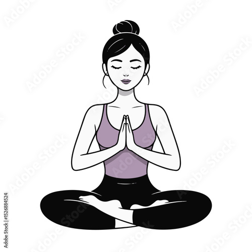 Young woman meditating in a lotus yoga pose, a vector illustration of health and relaxation