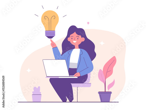 Spark of Innovation: A creative female entrepreneur, illuminated by a glowing lightbulb, symbolizing new ideas and concepts. 