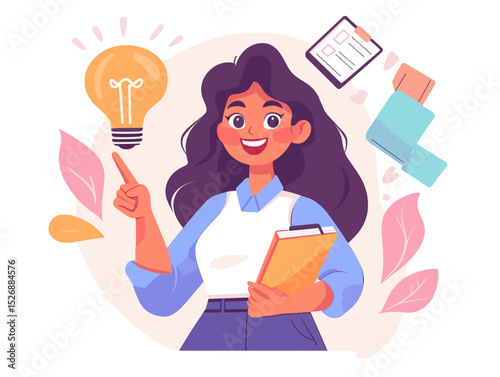 Bright Idea Spark: A cheerful young professional experiences a Eureka moment, represented by a shining light bulb, symbolizing innovation and creativity.