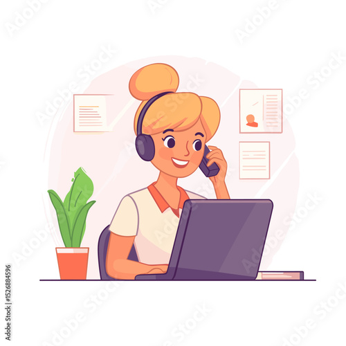 Customer Service Excellence: A cheerful customer service representative expertly manages calls and provides assistance while working diligently on a laptop.