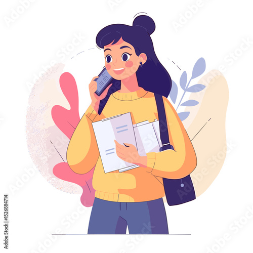 Smiling Student on Phone: A cheerful young student, holding textbooks and a shoulder bag, smiles brightly while talking on her mobile phone.  She exudes confidence and a positive attitude. 