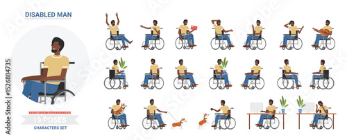 Disabled man poses vector illustration set. Cartoon bearded smiling male character with physical disability sitting in wheelchair, gesture or expression collection of disabled person isolated on white