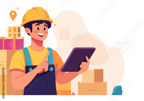 Happy Delivery worker using tablet: A cheerful delivery worker in a yellow hard hat smiles while using a tablet, surrounded by boxes in a warehouse setting.