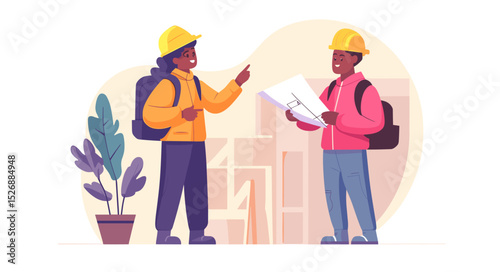 Construction worker discussion: Two construction workers, a man and a woman, are engaged in a discussion, reviewing blueprints and plans. They are wearing hard hats and backpacks.