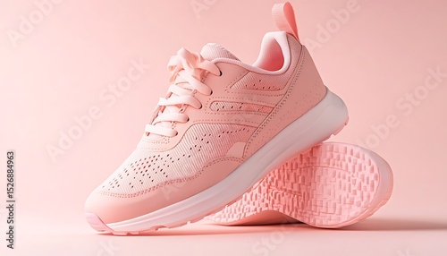 Pair of pink sneakers on pink background with copy space for text