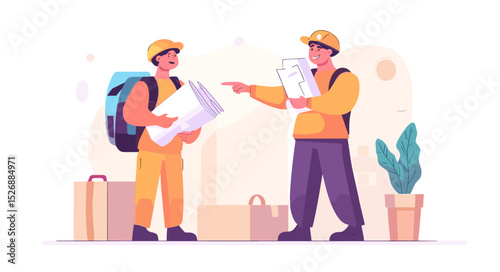 Delivery men discussing plan: Two delivery men in uniform and safety helmets review paperwork beside moving boxes and indoor plant in an vector illustration.