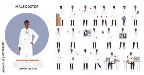 African american black doctor male character poses infographic vector illustration set. Cartoon man doctor sitting thinking standing, holding patient xray, working postures of hospital worker isolated