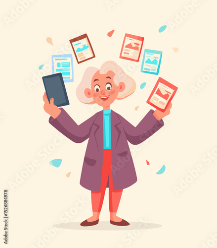 The Modern Data Maestro: An elderly individual, radiating intelligence, effortlessly manages multiple screens showcasing data and insights. Their focused expression suggests a mastery of information.