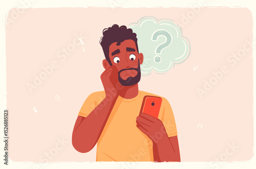 Pensive Man with Phone: A thoughtful man gazes at his phone, his face etched with curiosity and a question mark floating above, capturing a moment of contemplation and inquiry.