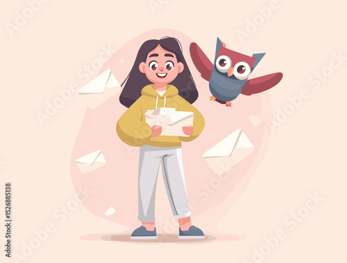 Letter Delivery with a Friendly Companion: A cheerful girl in casual attire carries a stack of letters, accompanied by a whimsical owl, signifying the delivery of information, and good tidings.