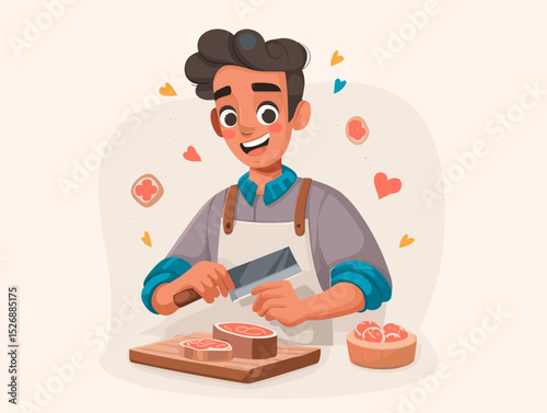 Butcher preparing food: A cheerful butcher diligently cuts a portion of fresh meat on a wooden cutting board, demonstrating culinary expertise and passion in a well-lit environment.