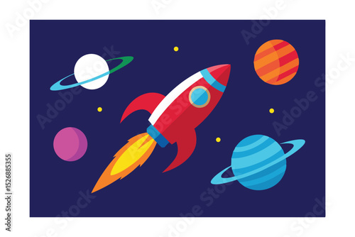 Rocket Flying Between Ringed Planets Vector 
