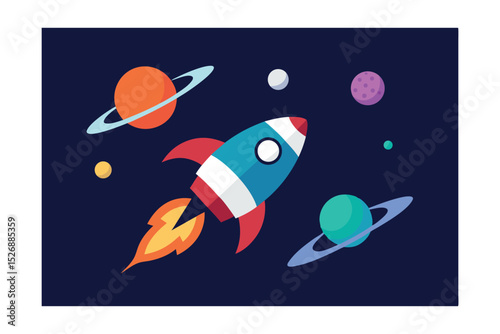 Rocket Flying Between Ringed Planets Vector 