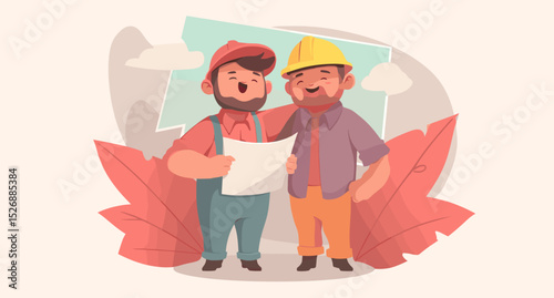 Collaborative Construction: Depicting two construction workers, they share a plan for a project. The warm colors and illustration style capture the camaraderie.