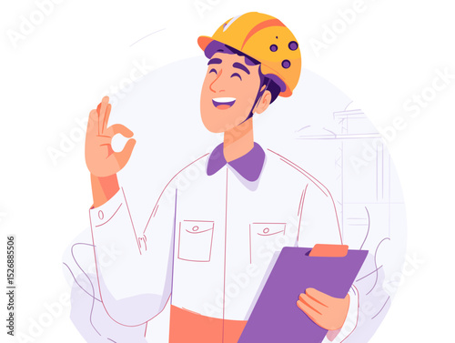 Building Confidence: A confident construction worker, clad in a safety helmet, raises the "OK" hand sign of approval. Demonstrating an enthusiastic endorsement.