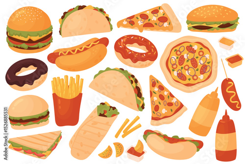 Fast food restaurant menu set vector illustration. Cartoon yummy fastfood meal sticker collection with delicious hot dog sandwich hamburger taco pizza donut french fries cheeseburger isolated on white