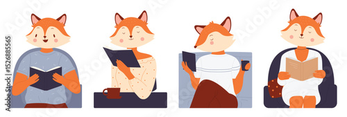 Animals read books set, education of cute fox characters vector illustration. Cartoon funny fox booklover reading story book literature from library or bookstore, fun storytime isolated on white