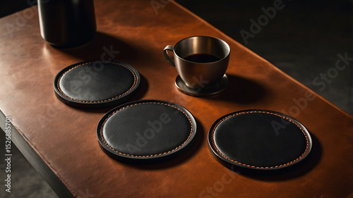 Luxury leather coasters and coffee cup on brown table