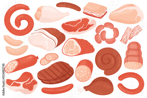 Meat food ingredients, shop menu set vector illustration. Cartoon gastronomy meat product for cooking collection, raw beef, red pork pancetta, fresh chicken legs fillet and steak isolated on white