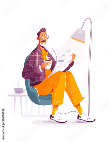 Relaxed Reader: A man sits comfortably, immersed in a newspaper while enjoying a cup of coffee, capturing a moment of calm leisure and relaxation.