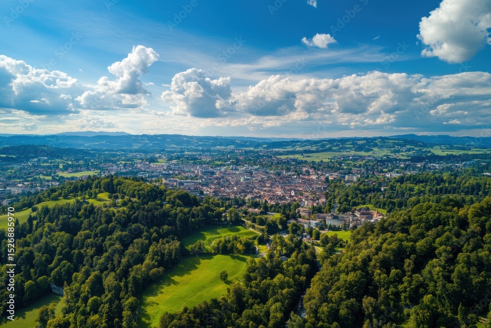 Obraz premium Aerial view of Bern, Switzerland showcasing the cityscape and surrounding green landscapes on a sunny day, Aerial view around the city Bern in Switzerland on a sunny day in summer