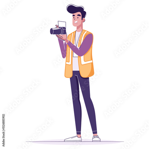 Photographer in Action: A dedicated photographer, holding a camera with focused precision, captures a captivating scene. The illustration encapsulates creativity and the art of visual storytelling.