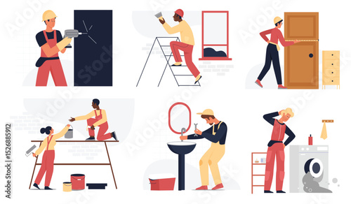 Builder people work in repair service set vector illustration. Cartoon professional repairman in safety helmet working, woman man characters painting wall, handyman fixing plumbing isolated on white