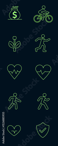 Iconic Health and Wealth: A selection of symbolic icons, artfully illustrating themes of prosperity, health, and active living on a deep canvas. 
