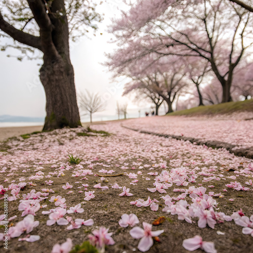 Cherry Blossom Path: A picturesque path is covered in fallen cherry blossoms, leading towards a serene lakeside scene under a canopy of blossoming cherry trees.