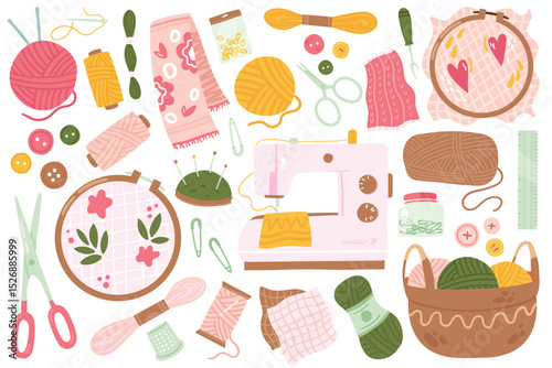 Sewing tools for tailor work craft hobby set vector illustration. Cartoon tailoring equipment for needlework, handicraft collection with needle button shears scissors thread spool isolated on white