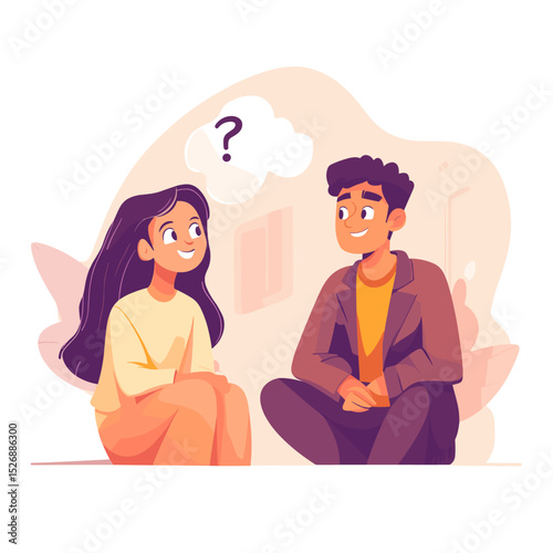 Conversational Inquiry: Illustration of a Man and Woman Engaged in Thought, Sharing a Moment of Curiosity.