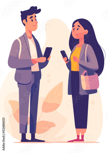 Connected Conversation: A stylized representation of two individuals engaged in a modern-day conversation, each absorbed in their respective smartphones while connecting.
