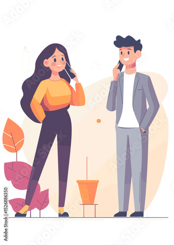 Communication Harmony: Illustration of two figures engaged in a telephone conversation. They are depicted in a cheerful setting amidst natural elements.