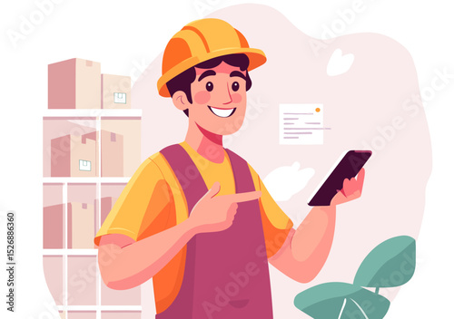 Smiling Worker: A cheerful worker in a safety helmet checks the screen of the tablet computer against the backdrop of a warehouse setting, capturing efficiency and productivity.