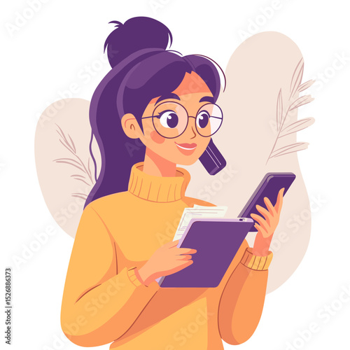 Reading with tech: A young professional woman engages in the modern act of reading, blending the tangible charm of a notebook with the digital convenience of a smartphone.