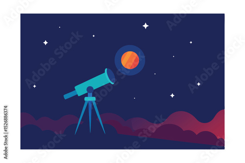 Stargazing Scene with Glowing Telescope Vector Illustration