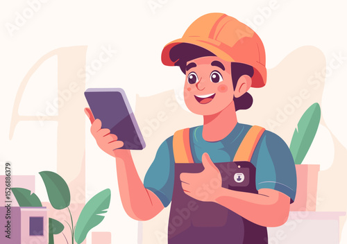 Building Progress: A skilled builder, adorned in protective gear and a focused demeanor, studies plans on a tablet, embodying the essence of precision and progress in construction.