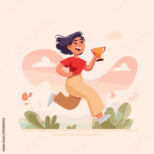 Girl Celebrating Success: An animated illustration of a cheerful girl triumphantly running while holding a golden trophy, set against a backdrop of a serene landscape.
