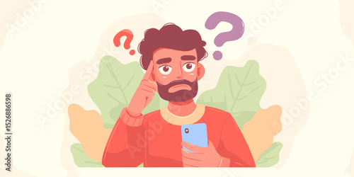 Lost in Thought: A man contemplates, surrounded by question marks, smartphone in hand, amidst a subtle backdrop. The illustration captures the essence of contemplation, uncertainty.